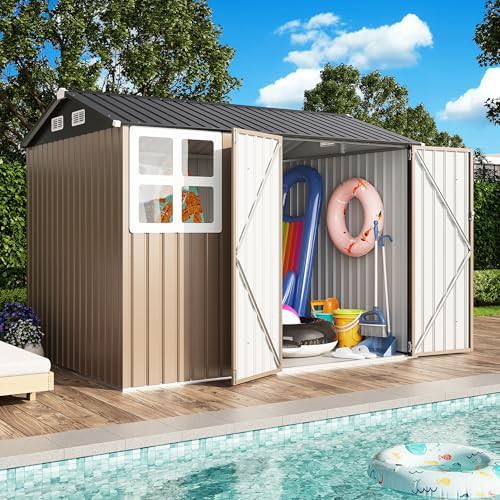 Large brown outdoor shed with clear window