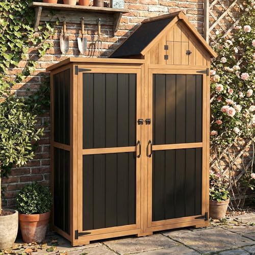 Tall wood shed with adjustable shelves