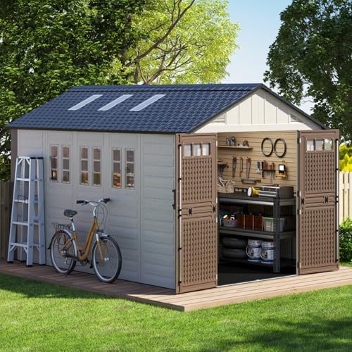 Large khaki resin shed with six skylights