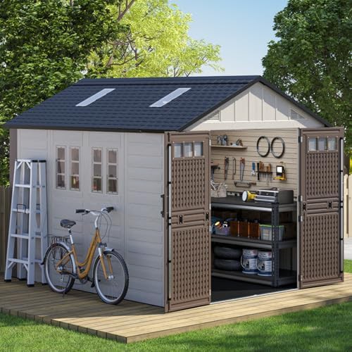 Khaki resin garden shed with four skylights