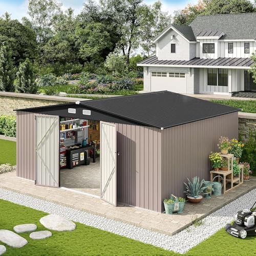 Large brown metal shed with lockable doors