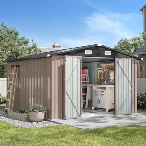 Brown galvanized steel shed with base