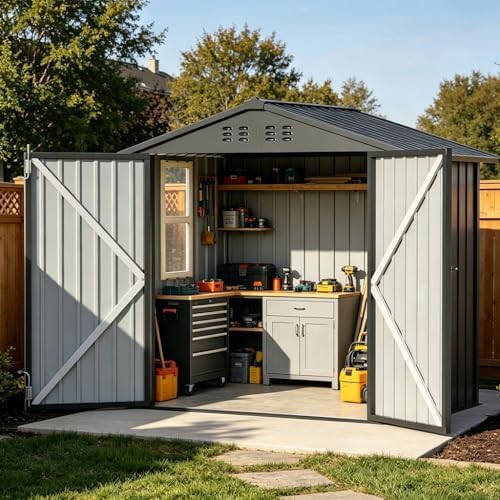 Light grey metal garden shed with window