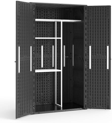 Black resin vertical shed with shelving