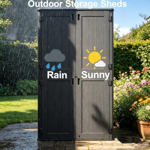 Black resin vertical shed with shelving — photo 5