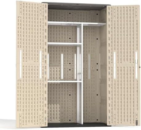 Khaki resin vertical shed with metal shelving