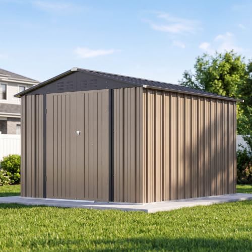 Brown metal storage shed with sloped roof