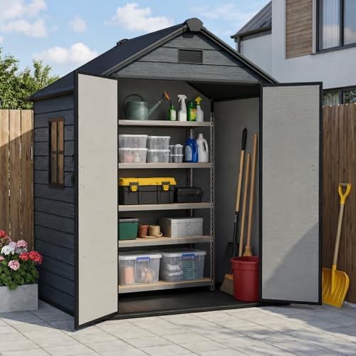 Dark grey resin bike storage shed with floor