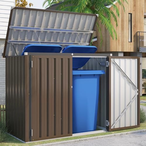 Brown metal garbage bin storage shed