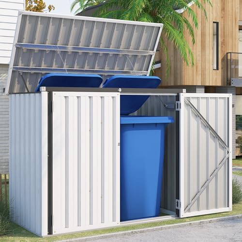 White metal trash can storage shed