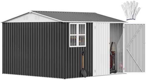 Square metal garden shed in gray and white