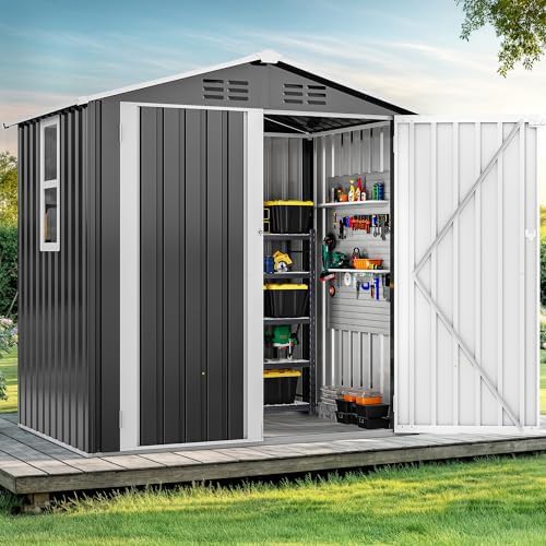 Gray and white metal shed with sloped roof