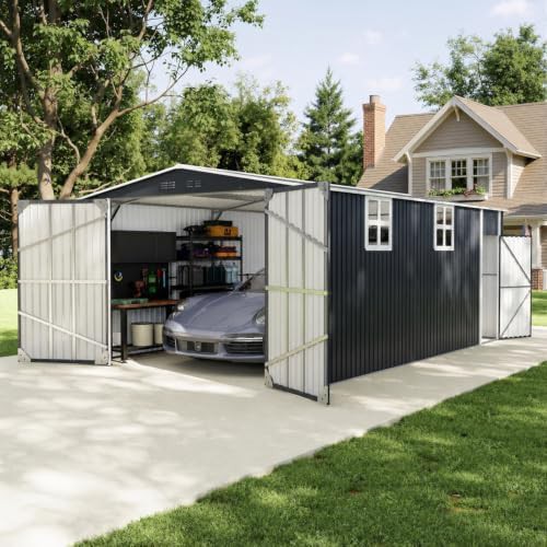 Black metal bike and equipment shed