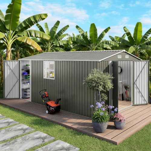 Large gray metal shed with side door