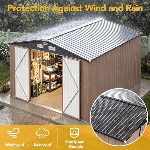 Brown sloped roof metal garden tool shed — photo 3