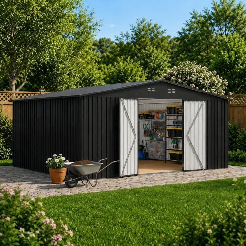 Large metal garden shed with shelves