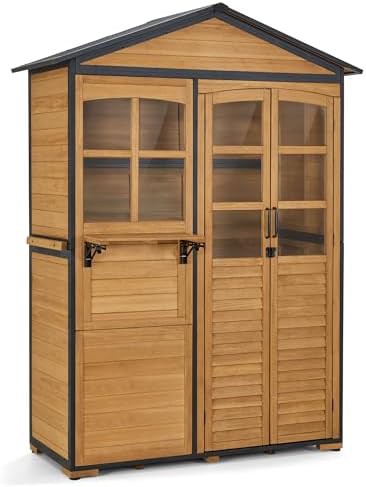 Vertical wood storage cabinet with steel frame