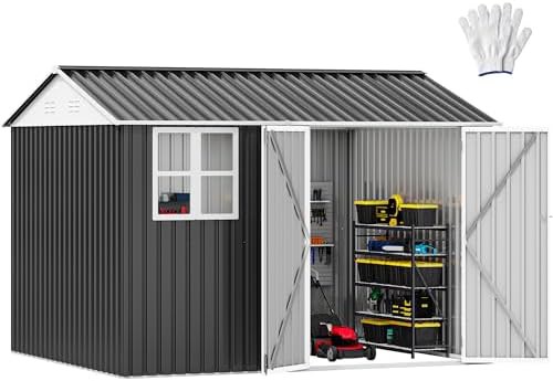 Oversized gray and white metal garden shed