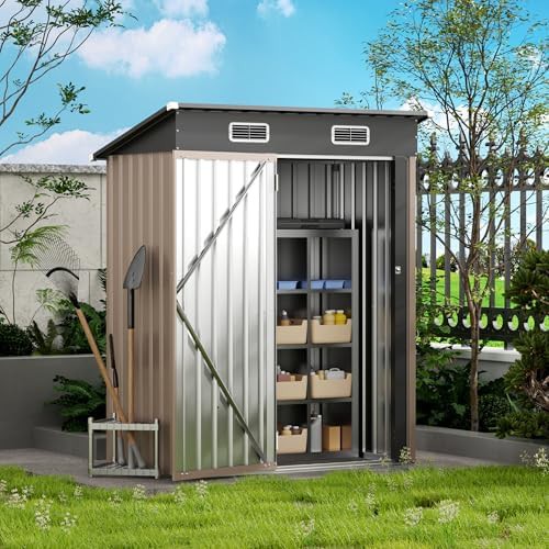 Vertical brown metal garden tool shed