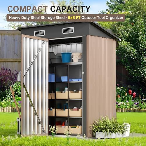 Vertical brown metal garden tool shed — photo 4