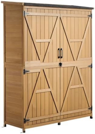 Brown wood garden cabinet with internal shelves