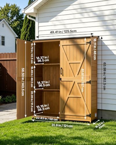 Brown wood garden cabinet with internal shelves — photo 4