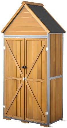 Brown wooden garden shed with sloped roof