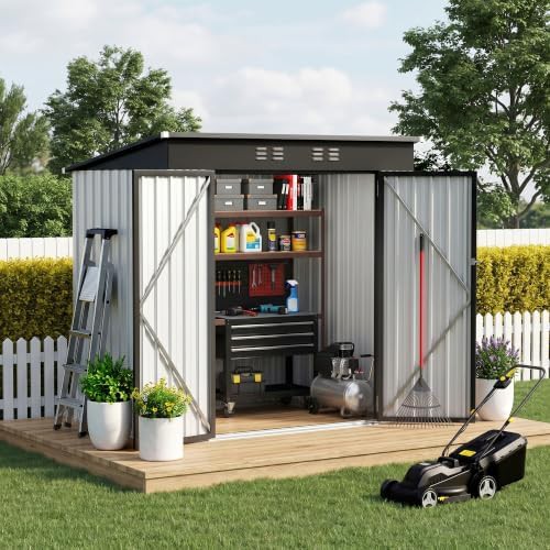 White metal garden shed with sloped roof