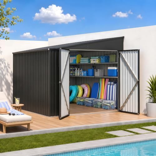Large black metal garden storage shed
