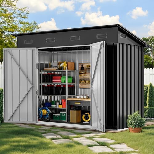 Dark gray metal shed with sloped roof
