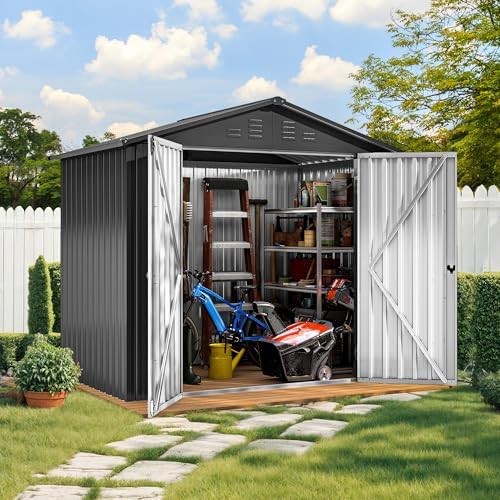 Gray metal tool shed with lockable door
