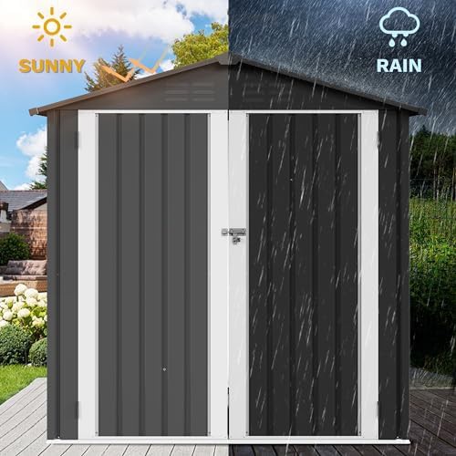 Gray metal tool shed with lockable door — photo 3