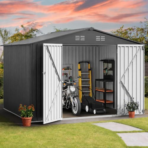 Ten by eight dark gray metal utility shed