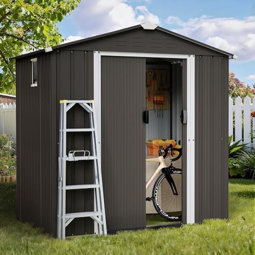Dark gray metal utility tool shed