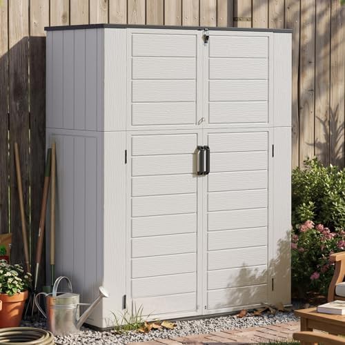 White and grey vertical resin shed