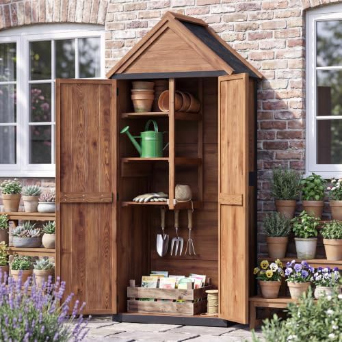 Wood peak roof outdoor storage cabinet