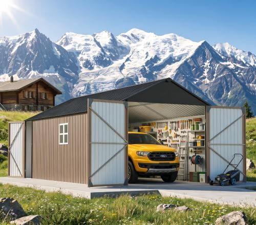 Large metal garage shed with side windows