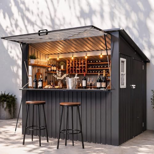 Black outdoor bar shed with canopy