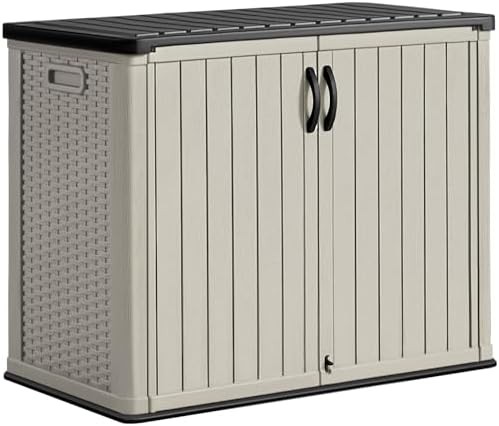 Beige resin garden tool storage cabinet