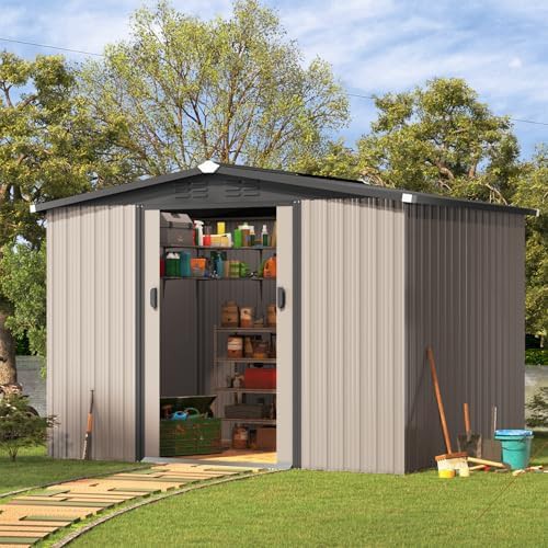 Gray steel garden shed with sliding doors