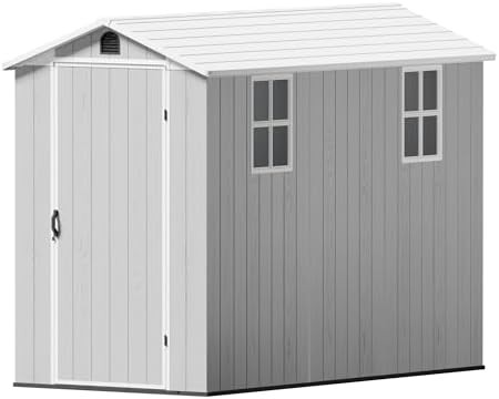 Light gray plastic shed with floor 4x8