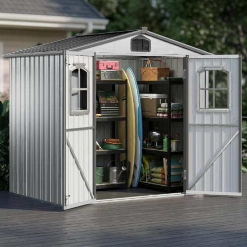 Charcoal gray metal shed with double doors