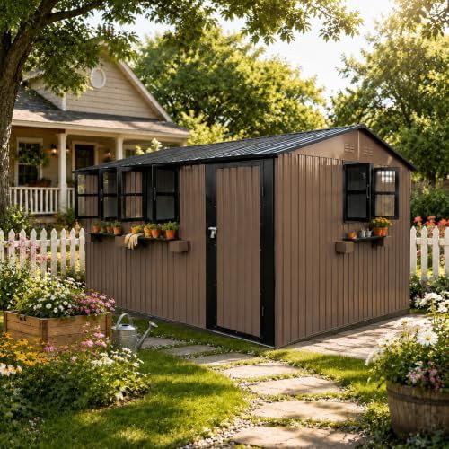 Brown metal storage shed with flower rack