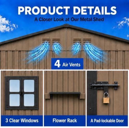 Brown metal storage shed with flower rack — photo 4