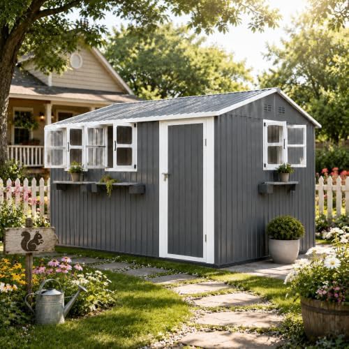 Gray metal storage shed with flower rack