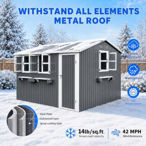 Gray metal storage shed with flower rack — photo 4