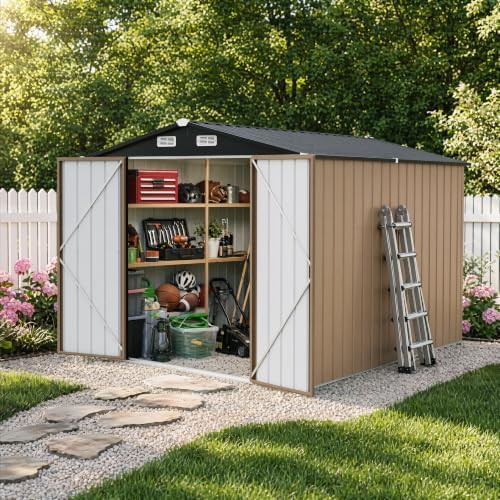 Large brown metal shed with gable roof