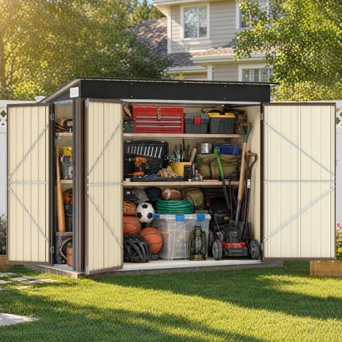 Wide brown metal shed with sloped roof