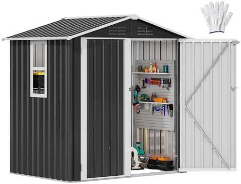 Gray and white metal tool shed with windows