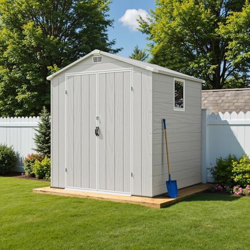 Light gray plastic shed with sloped roof